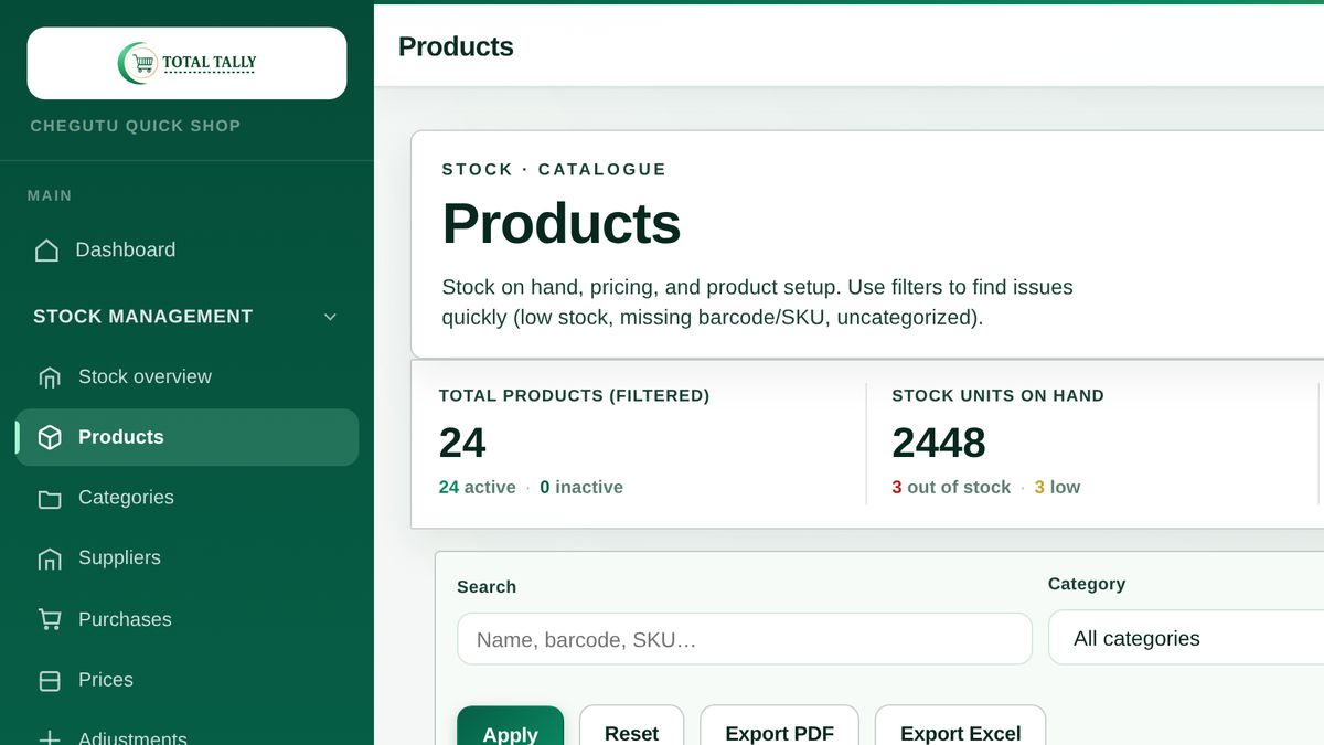 A product catalogue showing stock on hand, reorder levels and low-stock flags