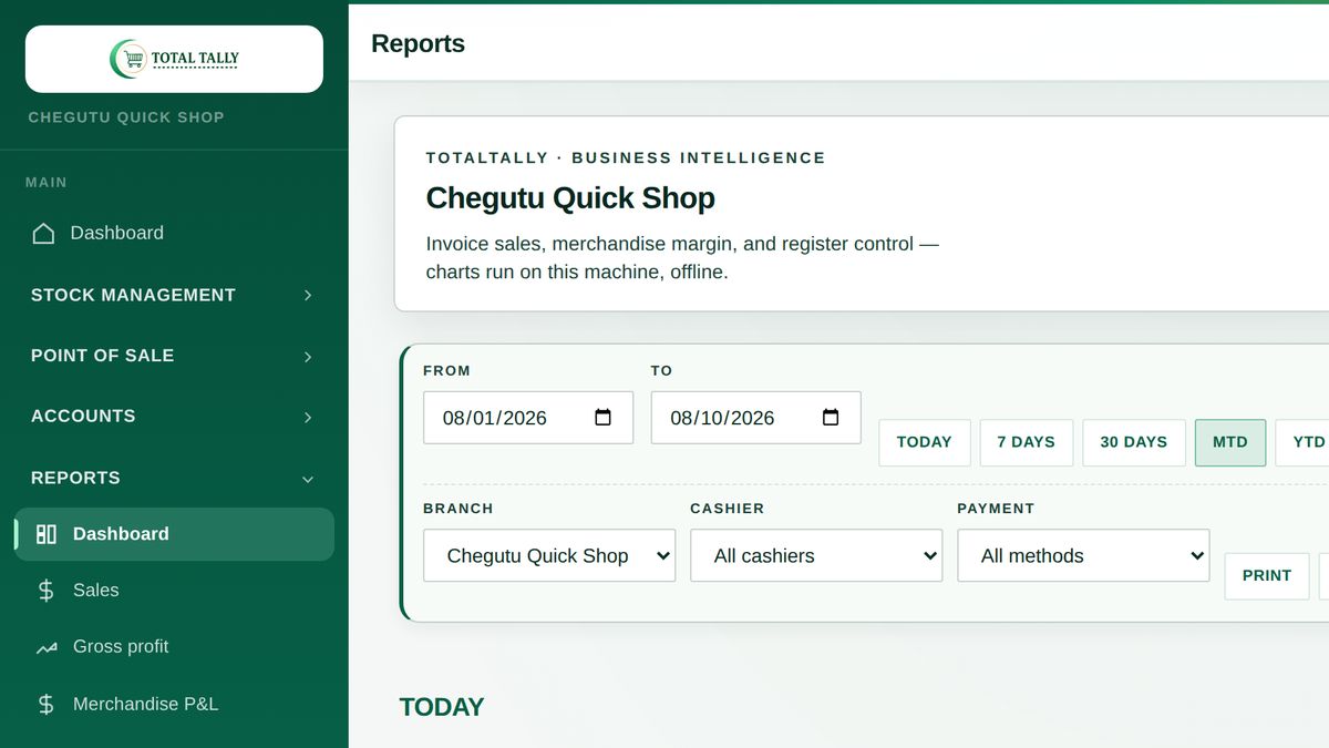 The TotalTally reporting suite with reconciliation and cashier reports