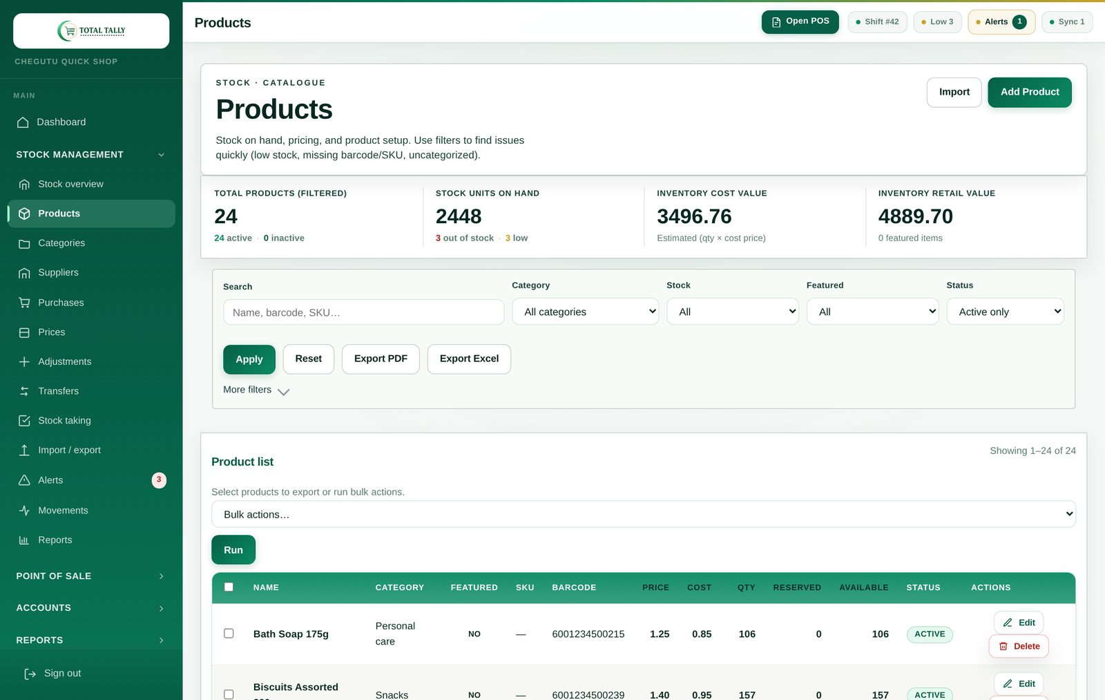 The TotalTally products screen showing total products, stock units on hand, inventory cost value and inventory retail value