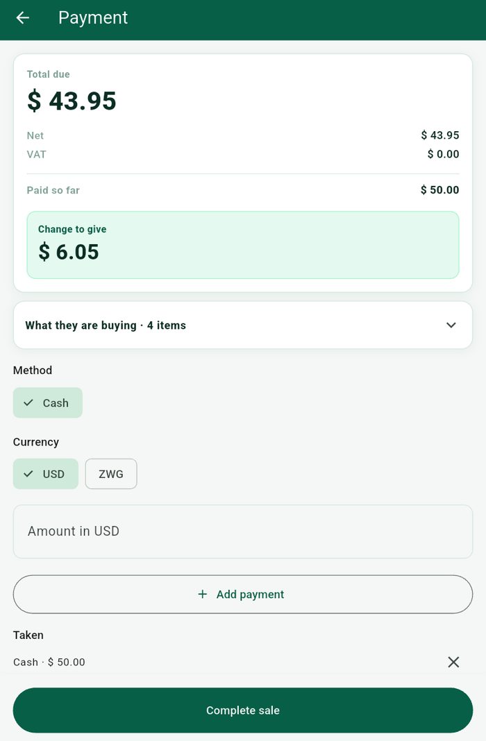 The TotalTally Android payment screen showing total due, amount paid and change to give