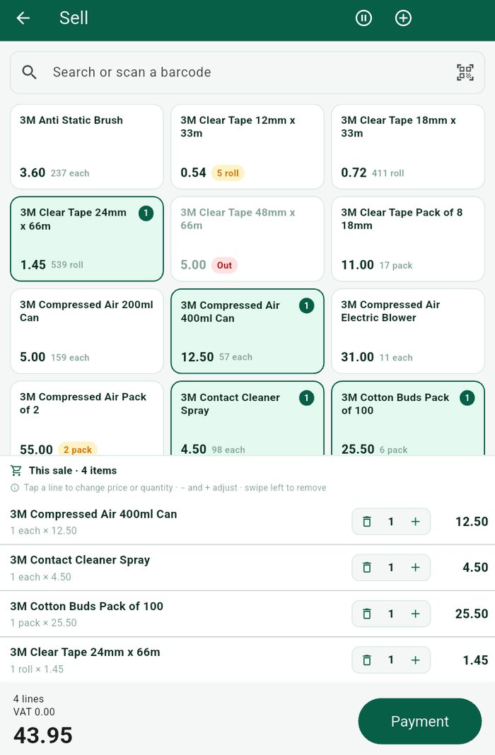 The TotalTally Android till showing a product grid, a four-item cart and a Payment button