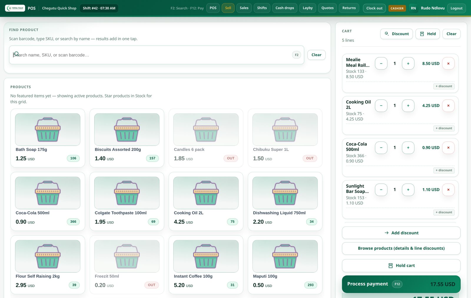 The TotalTally till: product grid on the left, a five-line cart and payment total on the right